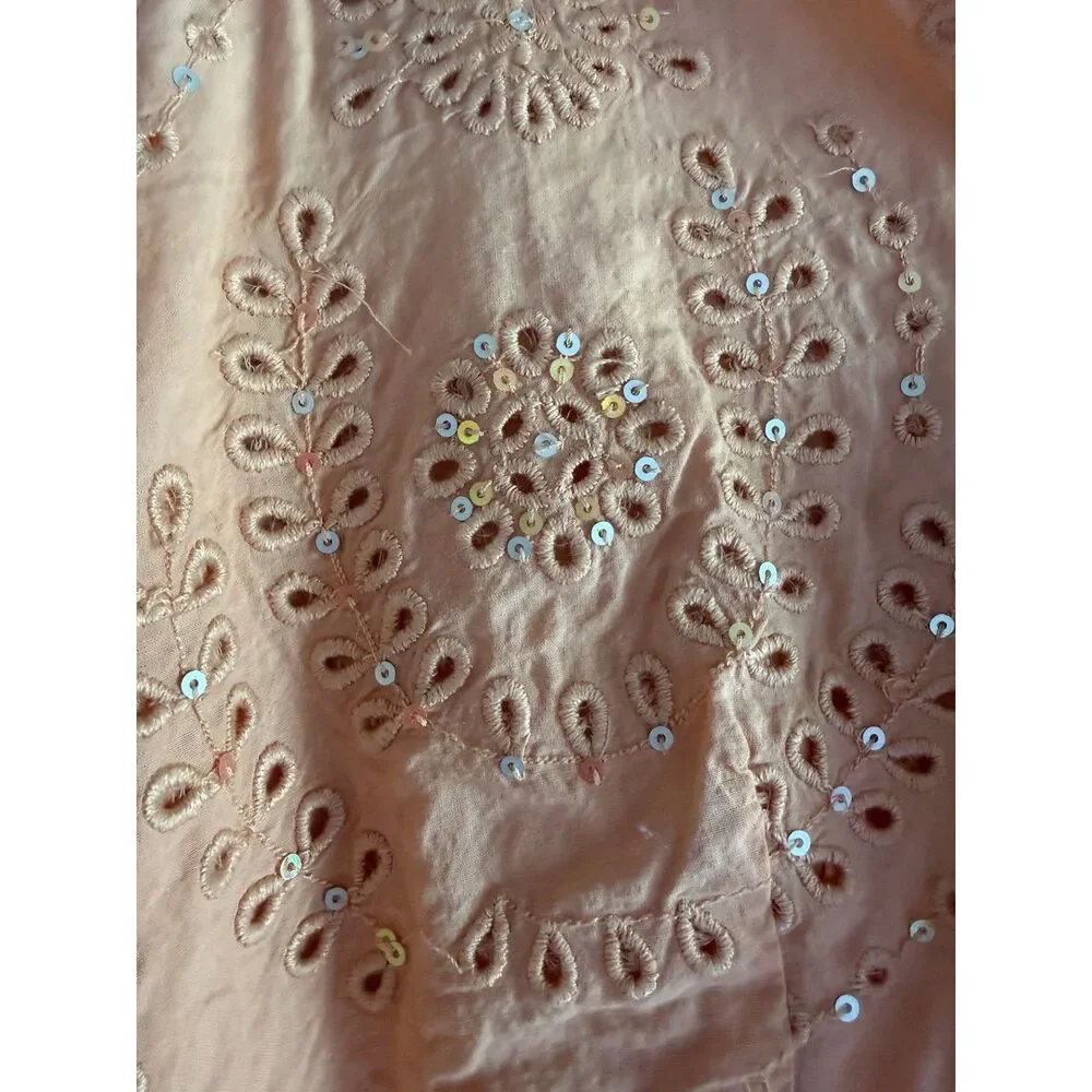 Free People Sea Of Love Tunic Top Peach Eyelet Bell Sleeve Blouse Boho Sequin Lg